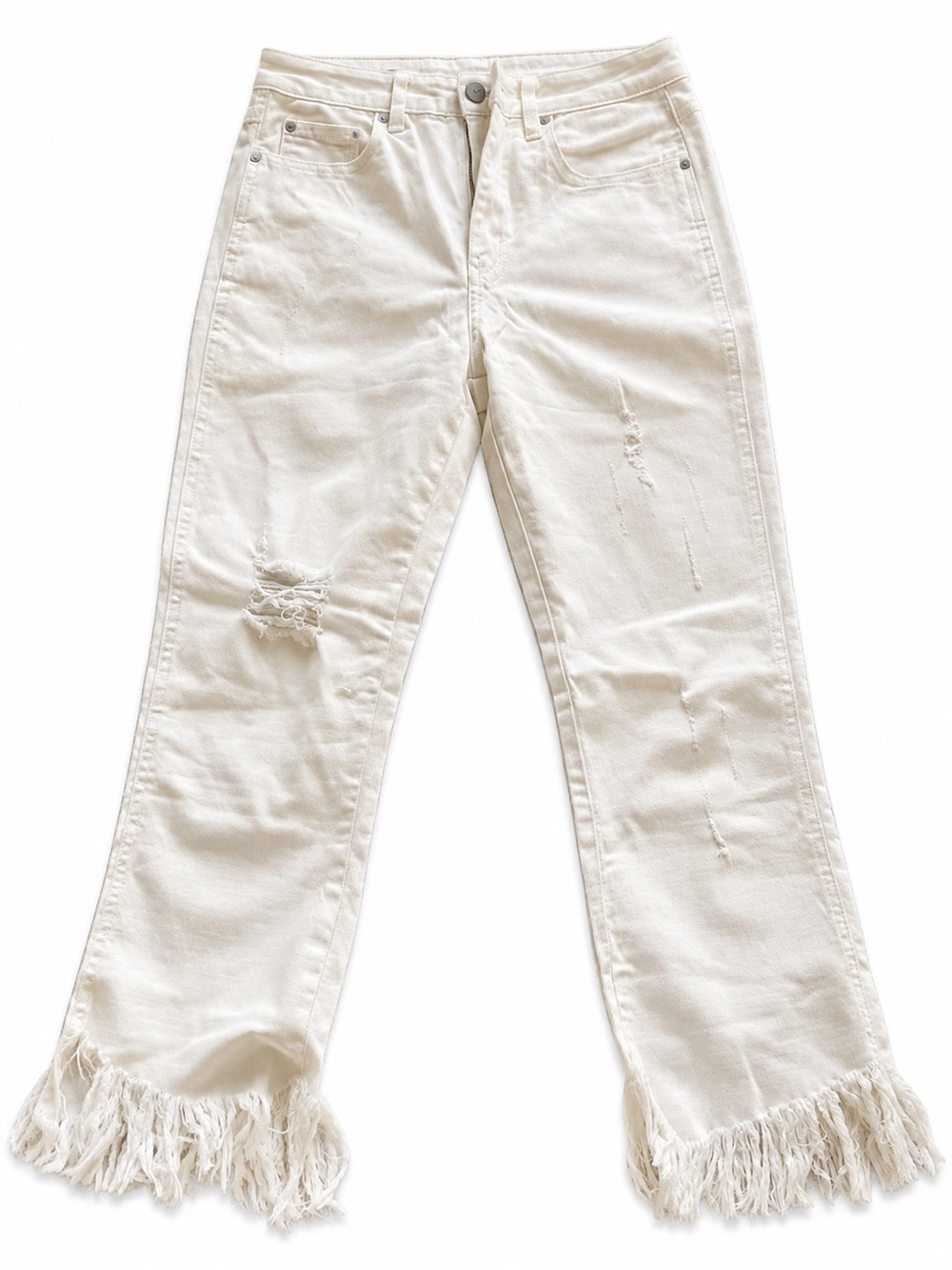 Fringed Hem Ivory Wide-Leg Jeans
